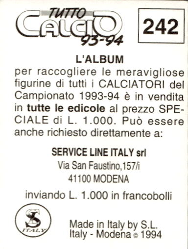 figurina ''Menù a Tendina'' calciatori 1993 Sl Service Line 1/3 - Picture 479 of 495