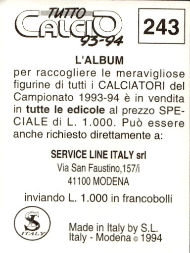 figurina ''Menù a Tendina'' calciatori 1993 Sl Service Line 1/3 - Picture 481 of 495