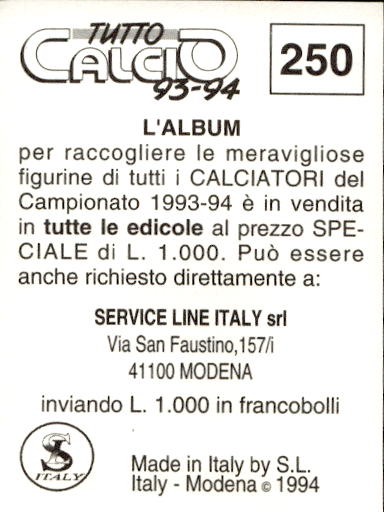 figurina ''Menù a Tendina'' calciatori 1993 Sl Service Line 1/3 - Picture 495 of 495