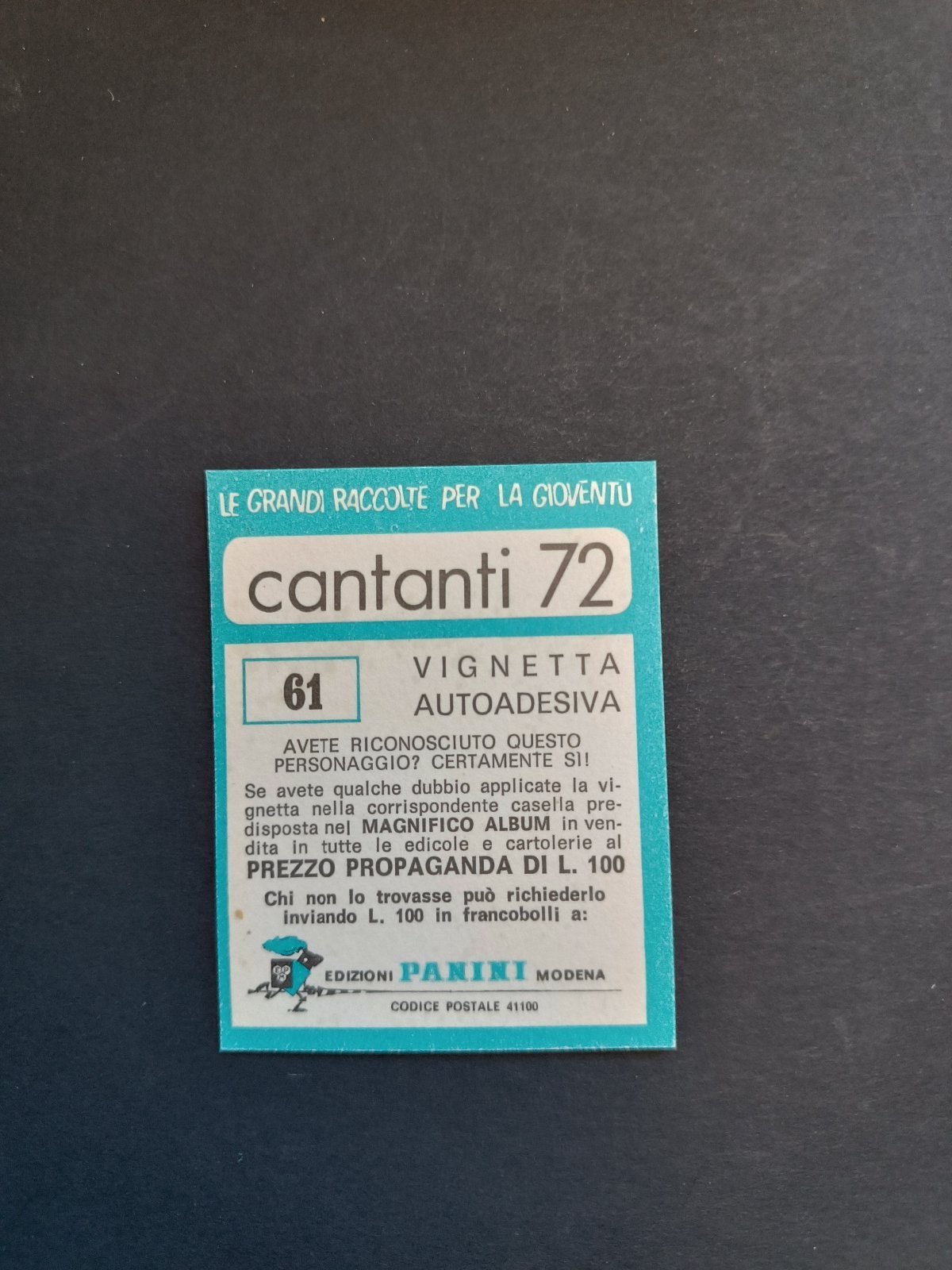 figurina ''Menù a Tendina'' cantanti 1972 panini Vignetta autoadesiva con velina - Foto 123 di 181