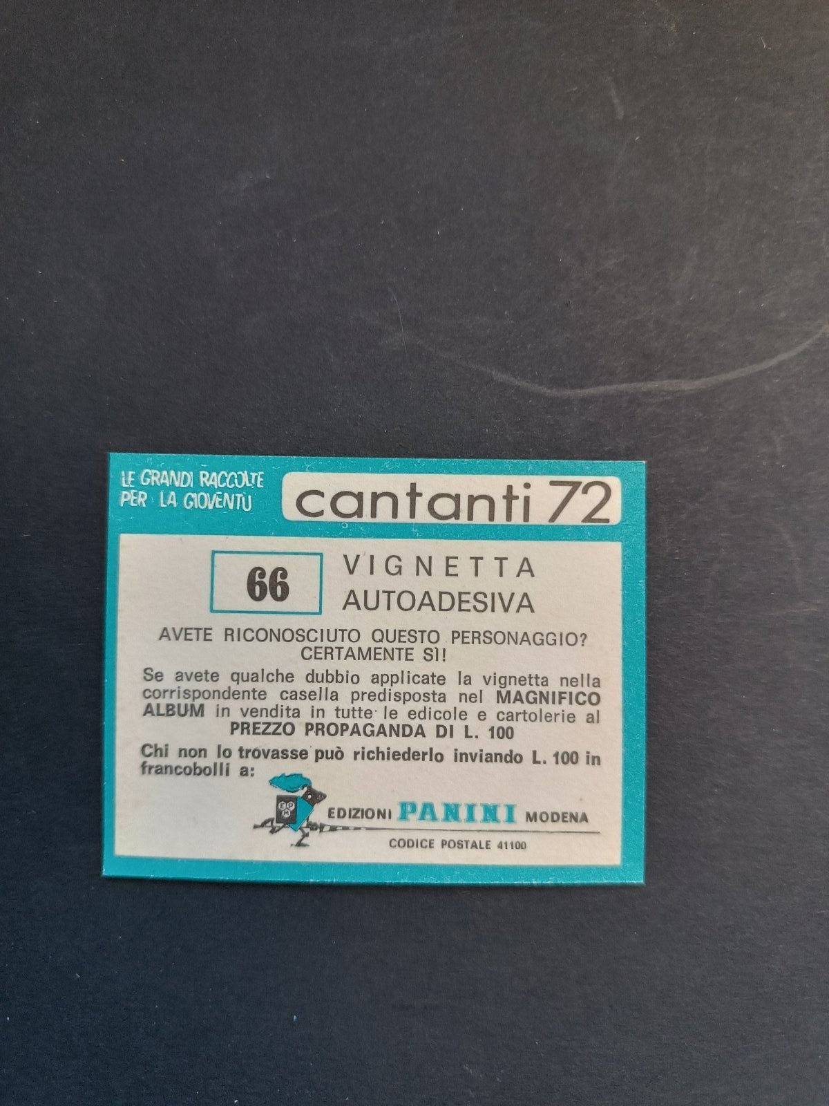 figurina ''Menù a Tendina'' cantanti 1972 panini Vignetta autoadesiva con velina - Foto 133 di 181