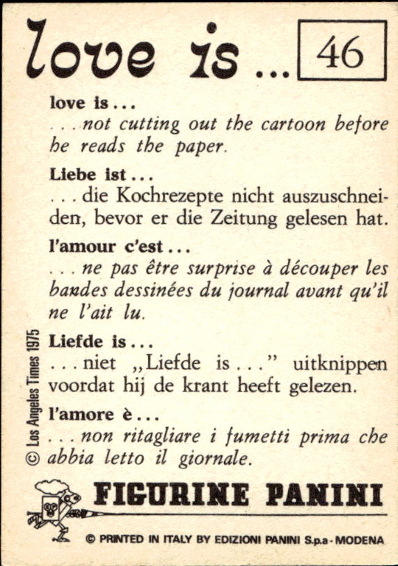 Panini Figur ''Vorhangmenü'' Love is l'amore is… 1975 - Bild 43 von 223