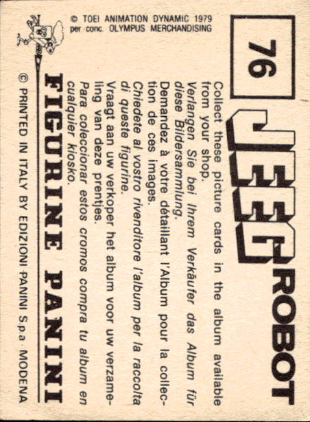 figurina ''Menù a Tendina'' Jeeg Robot 1979 Panini - Foto 107 di 361