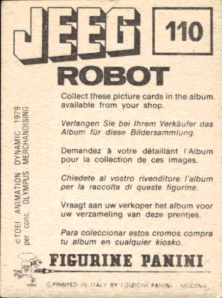 figurina ''Menù a Tendina'' Jeeg Robot 1979 Panini - Foto 167 di 361