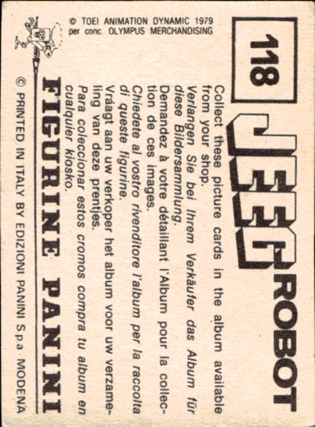 figurina ''Menù a Tendina'' Jeeg Robot 1979 Panini - Foto 181 di 361