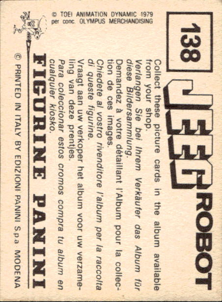 figurina ''Menù a Tendina'' Jeeg Robot 1979 Panini - Foto 203 di 361