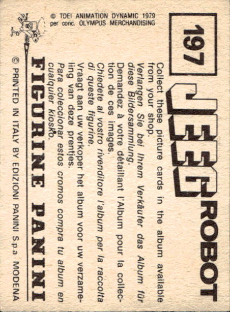 figurina ''Menù a Tendina'' Jeeg Robot 1979 Panini - Foto 297 di 361
