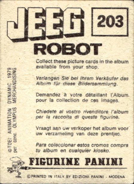 figurina ''Menù a Tendina'' Jeeg Robot 1979 Panini - Foto 307 di 361