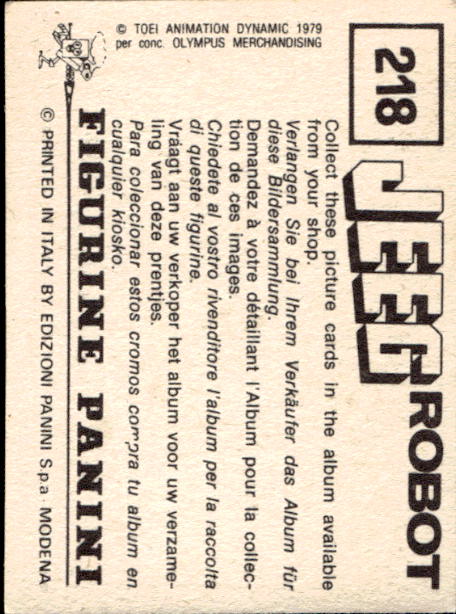 figurina ''Menù a Tendina'' Jeeg Robot 1979 Panini - Foto 327 di 361