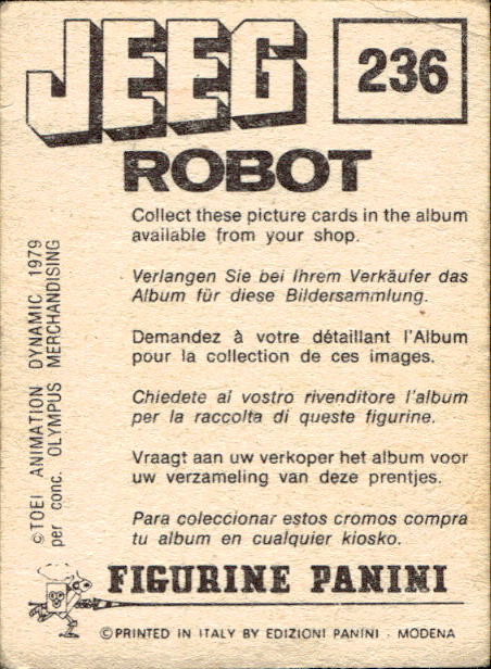 figurina ''Menù a Tendina'' Jeeg Robot 1979 Panini - Foto 357 di 361