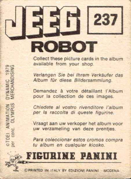 figurina ''Menù a Tendina'' Jeeg Robot 1979 Panini - Foto 359 di 361