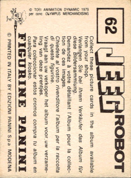figurina ''Menù a Tendina'' Jeeg Robot 1979 Panini - Foto 87 di 361